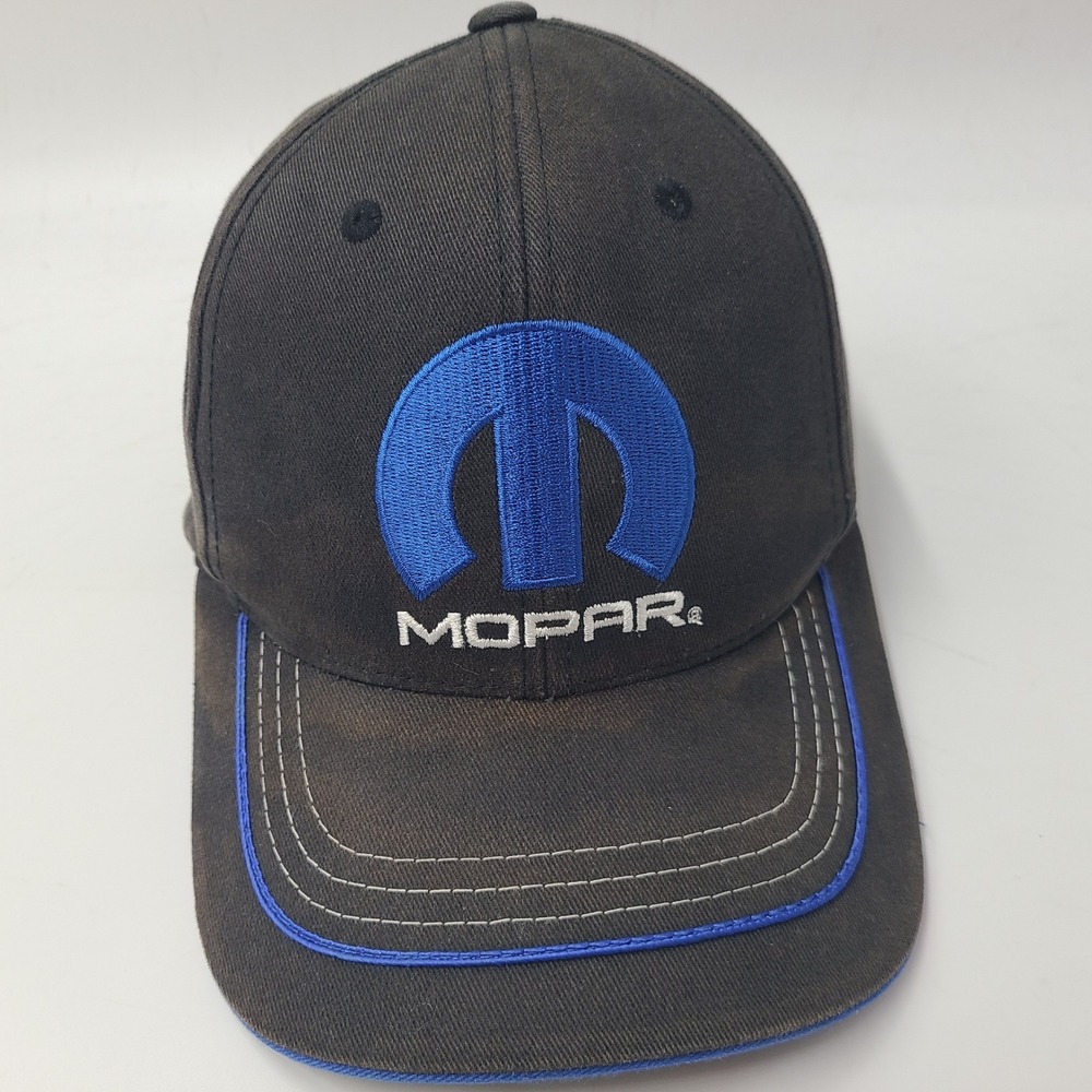 Mopar Hat Adjustable Checkered Flag Sports Black Blue Distressed Racing Logo Men